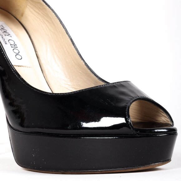Jimmy Choo Black Patent Leather Peep Toe Platform Pumps - Picture 7 of 9